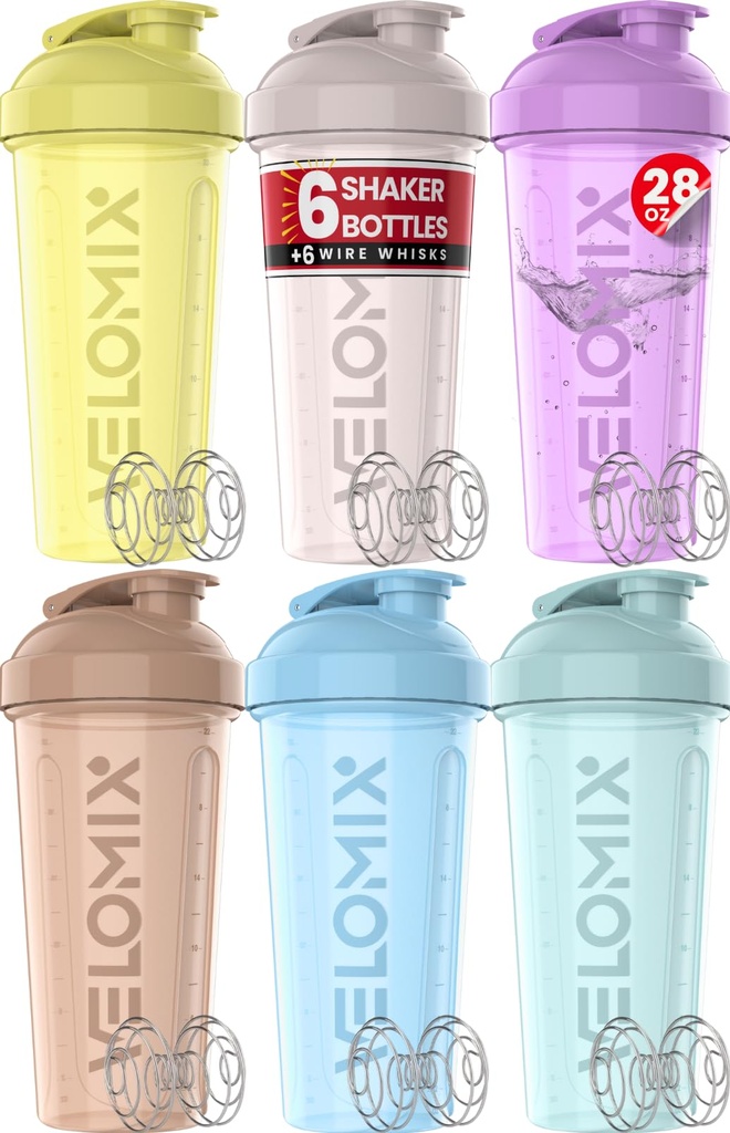 VELOMIX -6 PACK- 28 oz Protein Shaker Bottle for Protein Mixes - 6x Wire Whisk 