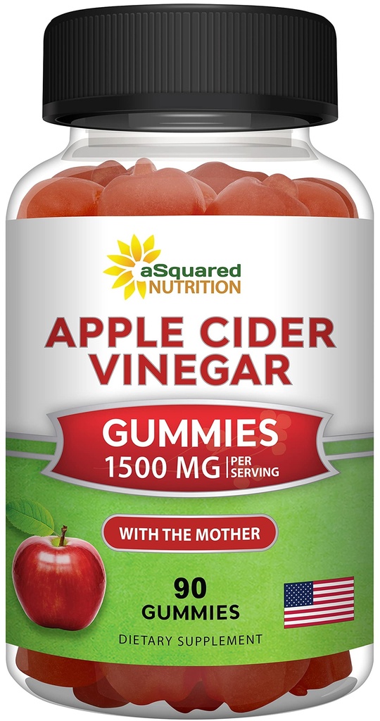 aSquared Nutrition Apple Cider Vinegar Gummies - 1500mg with The Mother - 90 ACV Gummies w/Vitamine B6 & B12, Folic Acid - Vegan Gummy Supplement Alternatief voor Capsules Pillen & Drink