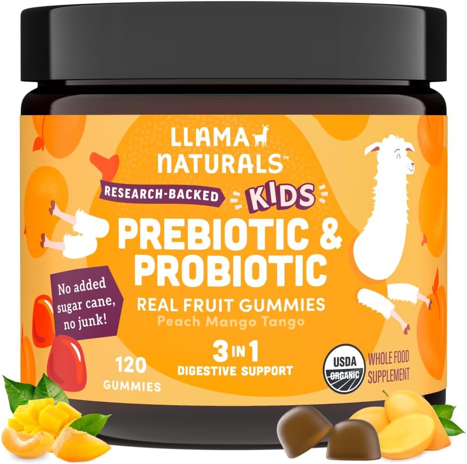 Lama Naturals enfants probiotiques avec fibre prébiotique, végétalien, bio prébiotiques et probiotiques Gommies pour Gut soutien de la santé, Vitamines Gommy de fruits de Toddler, Pas d'ajout de canne à sucre, Peach Mango, 120 Ct