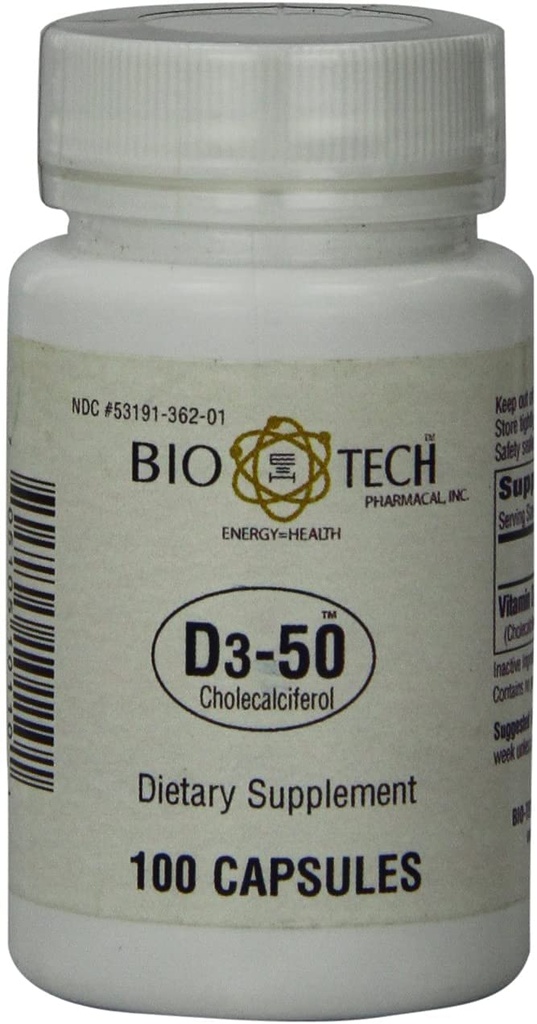 Bio-Tech Pharmacal D3-50 50.000 IE, 100 Capsules Ð All-Natural Supplement Ð Ondersteunt bot, hartneurmusculair, & Immune Health Ð Geen zuivel, vis, gluten, pinda's, schelpvis, & soja