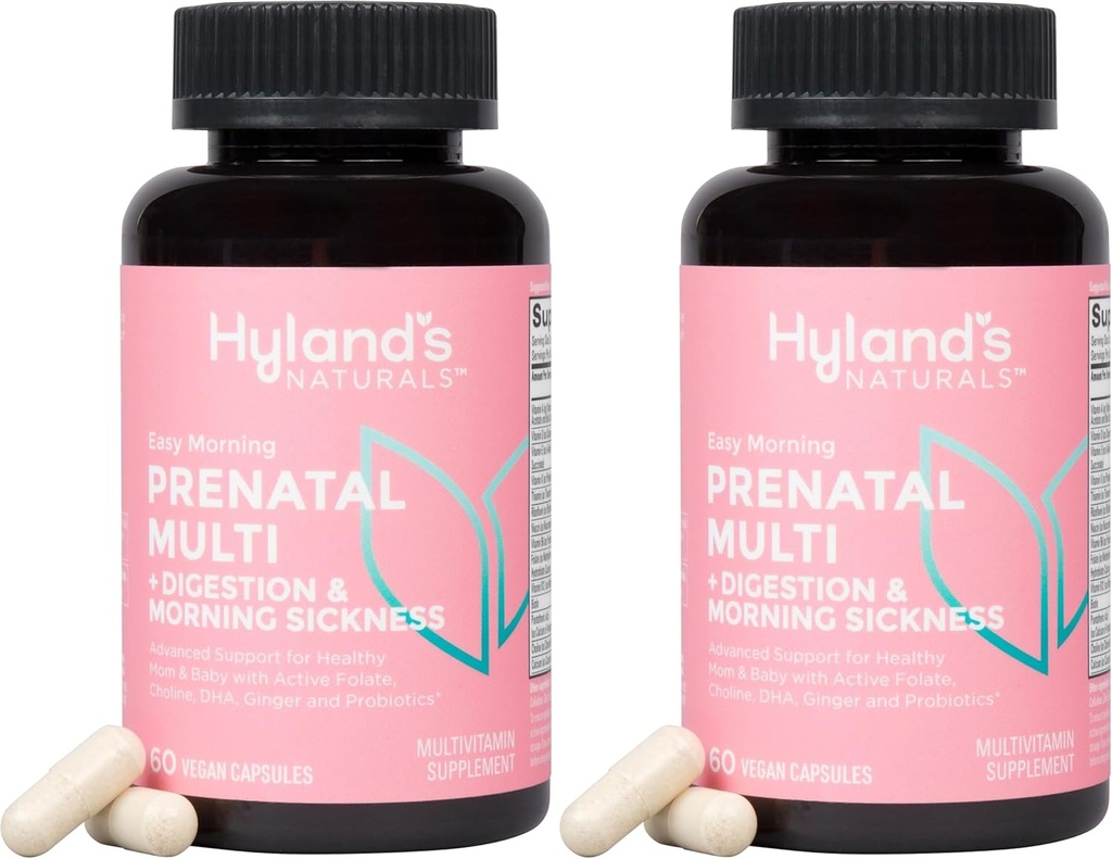 Hyland's Easy Morning Prenatale Multivitamine en Digestieve Gezondheid en Morgen Ziekte Relief, 60 Vegan Capsules, met Folaat, Choline, Zink, Gemberwortel, Prebiotica en Algen DHA (pakket van 2)