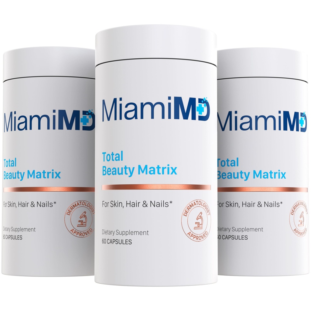 MiamiMD Total Beauty Matrix Collagen Supplementen voor vrouwen - Collageen Capsules met vitamine C voor haar, huid en nagels - Cruelty Free - (60 Capsules) - 3 Pack