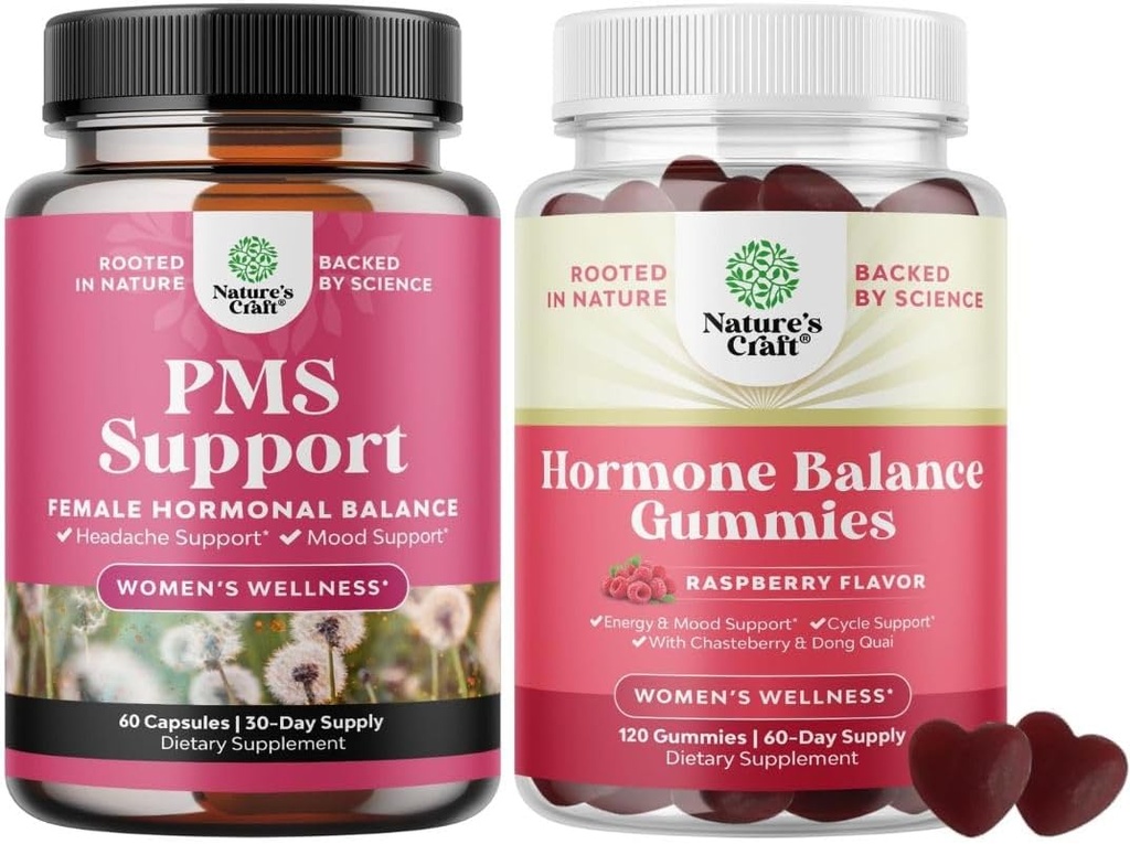 Bundel van PMS Ondersteuning met DIM, Chasteberry, Black Cohosh & Ashwagandha voor periode Krampen Menopauze Bloating Mood Swing en Hormone Balance Gummies Ondersteuning Menstruele cyclus met vitamine B6 & Dong Quai