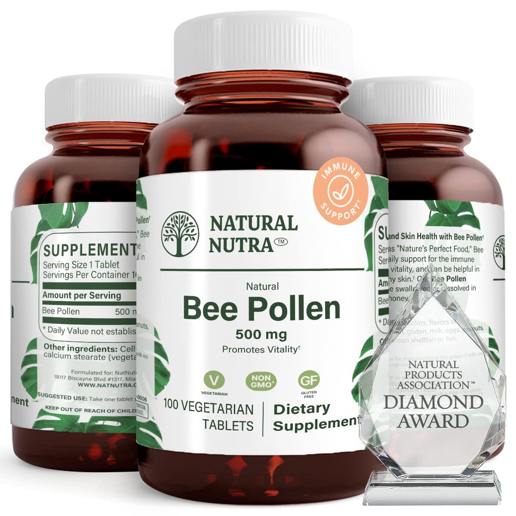Naturel Nutra Bee Pollen 500 mg, aide à promouvoir la vitalité et le système immunitaire, améliorer la santé globale, aide à améliorer l'endurance corporelle, 100 comprimés