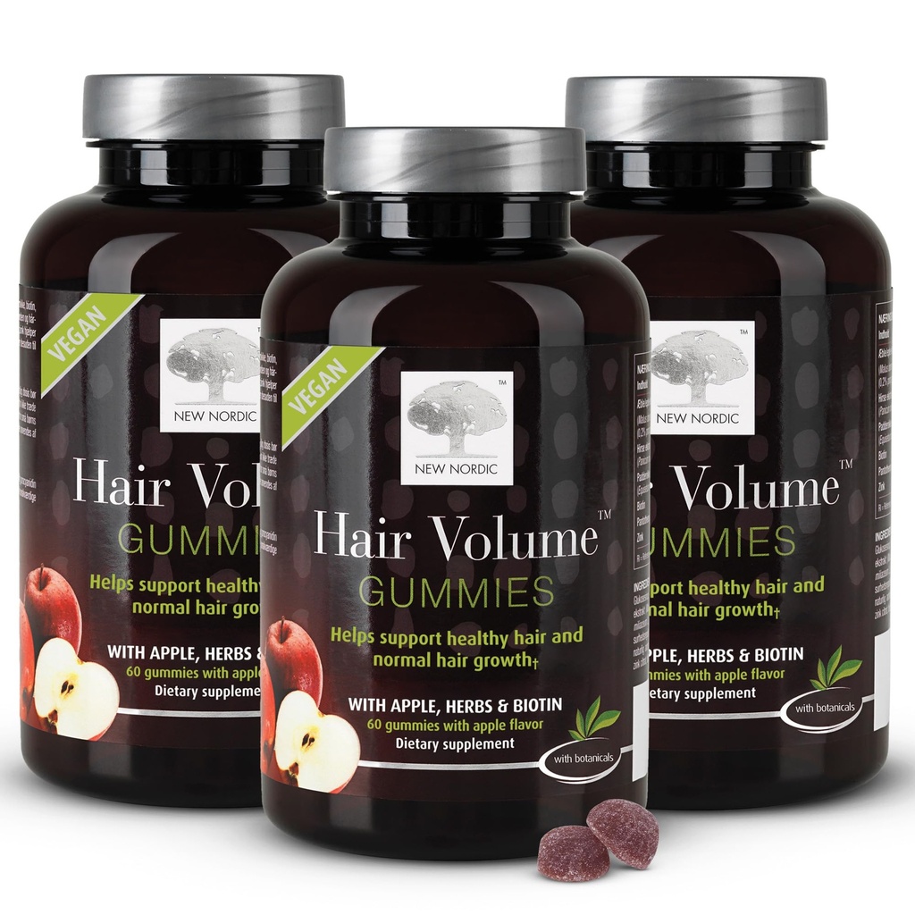 NIEUWE NORDIC Haar Volume Gummies, 2500 mcg Biotine, Dagelijkse Haar Vitaminen Supplement ter ondersteuning van de Haarhuid & Nails, Veganistisch, 60 Tellen (Pack of 3)