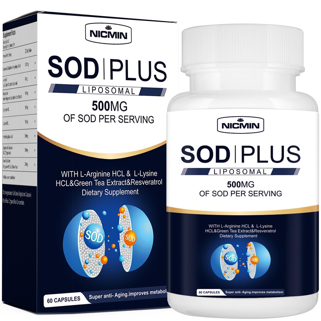 Superoxide Dismutase Supplement 500mg - SOD Plus met liposomale glutathion, AKG, Green Tea Extract, L-Arginine, Lysine, Resveratrol en Vitamine E voor Immune Support, Antioxidant 60 Capsules