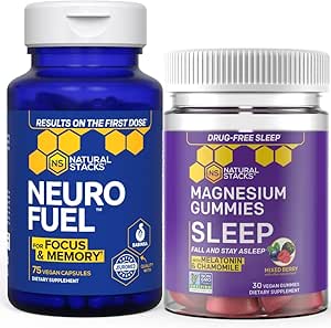 NATUURLIJKE STAKKEN Slapen Magnesium Gummies + NeuroFuel Nootropic Bundle - Ondersteunt hersenen Gezondheid & Sleep* - 105 Stukken