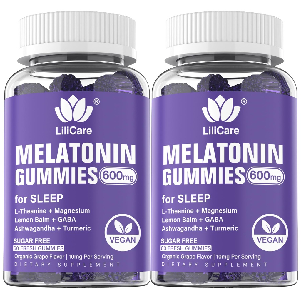 Melatonine 20mg Gummies voor volwassenen (2 Packs) Extra sterkte met L-Theanine, Ashwagandha, Magnesium, Kurkuma, GABA, citroenbalsem en kamille voor ondersteuning gezonde Circadian Rhythm, druivensmaak