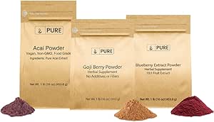 PURE ORIGINEEL INGREDIËNTEN Berry Powder Bundle, (1 lb Each) Acai Powder, Goji Berry Powder, Blueberry Powder, Kruidensupplementen