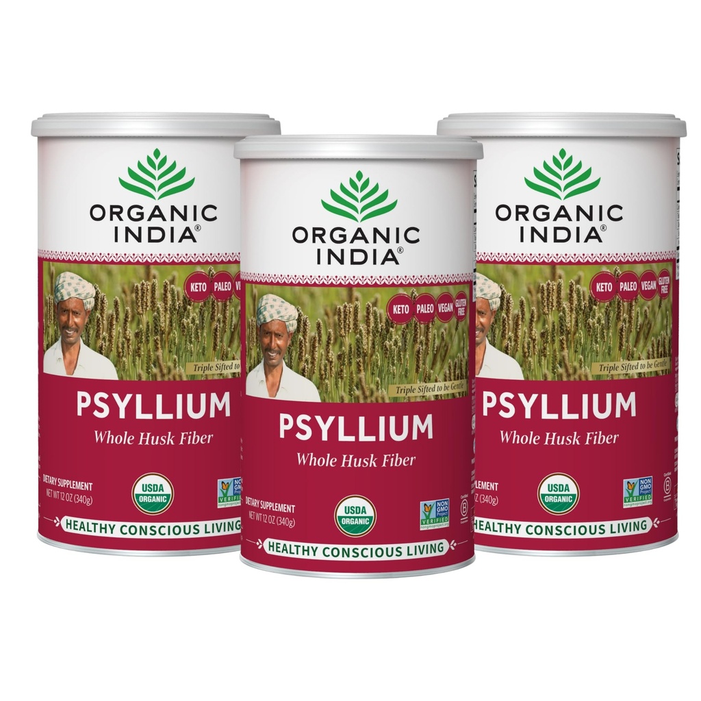 INDE ORGANIQUE Poudre de Psyllium à base de plantes - Supplément de fibre entière de musc, support de digestion, végétalien, sans gluten, USDA certifié biologique, non OGM, soluble et insoluble source de fibre - 12 oz (paquet de 3)