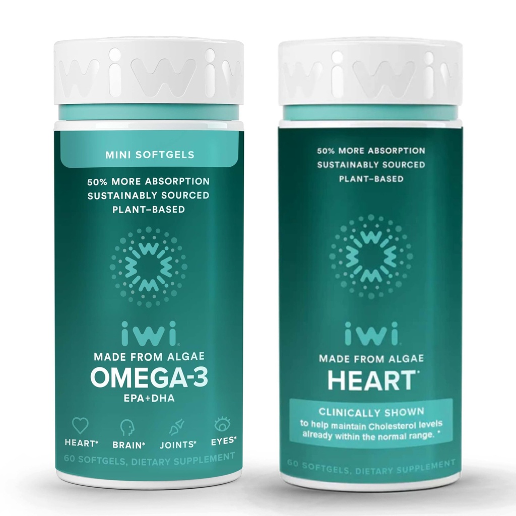 Iwi Omega-3 Minis & Heart Omega-3 Bundel, 30 Servers, Vegan Plant Based Algen Omega 3, Krill & Fish Oil Alternative, No Fishy Aftersmaak