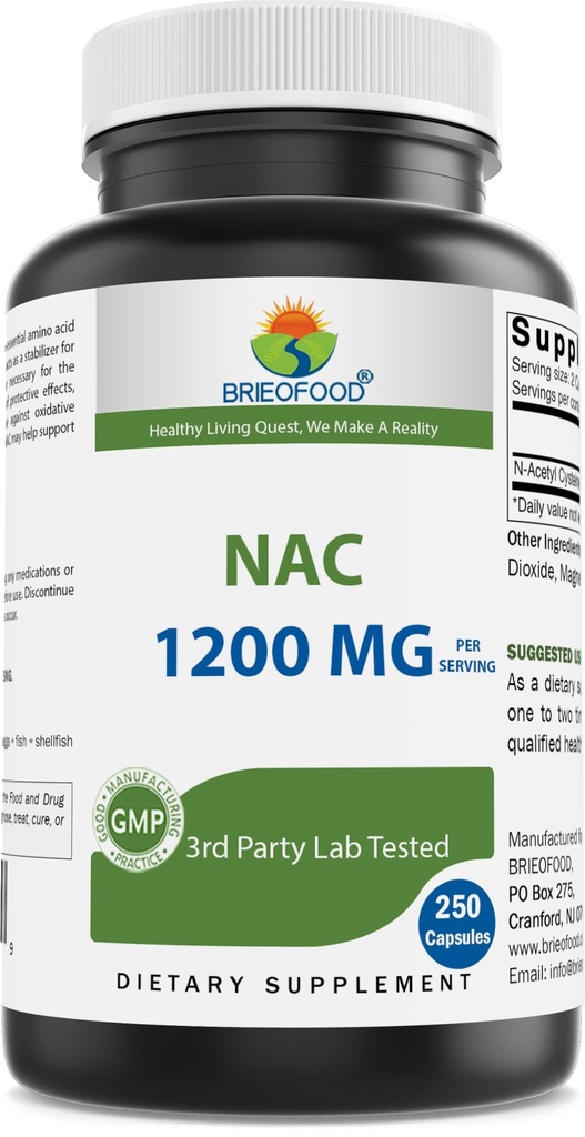 Brieofood NAC Supplement N-Acetyl Cysteine 1200 mg per portie 250 capsules - Immune Support Supplement