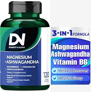 Divinity Nutra Magnesium Ashwagandha Supplement, Calming Magnesium Glycinate & Malate Vitamine B6 voor spieren Bone Health Ondersteuning Muscle Recovery, Calm & Relaxation 468mg 120 ct (2 maanden levering)