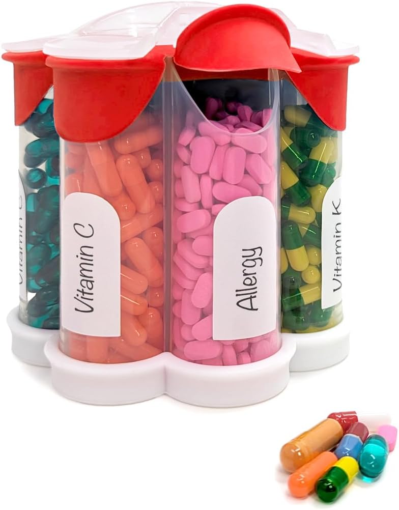 Extra grote pil Organizer dagelijks, wekelijks, maandelijkse supplement fles, schattige Blossom pil Dispenser met 7 XL Compartments, Easy-Open pil Box voor vitamines, Medicijnen, Labels inbegrepen (Rode)