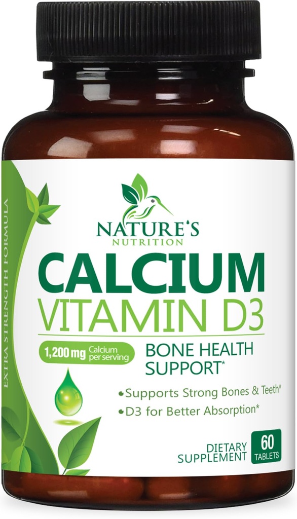 Calciumsupplement 1200 mg - met vitamine D3 voor de beste absorptie - Ondersteunt Immune Health, Bones & Teeth - Nature's Calcium Carbonate + 1600 IE D3 - Gebotteld in de VS voor vrouwen en mannen - 60 tabletten