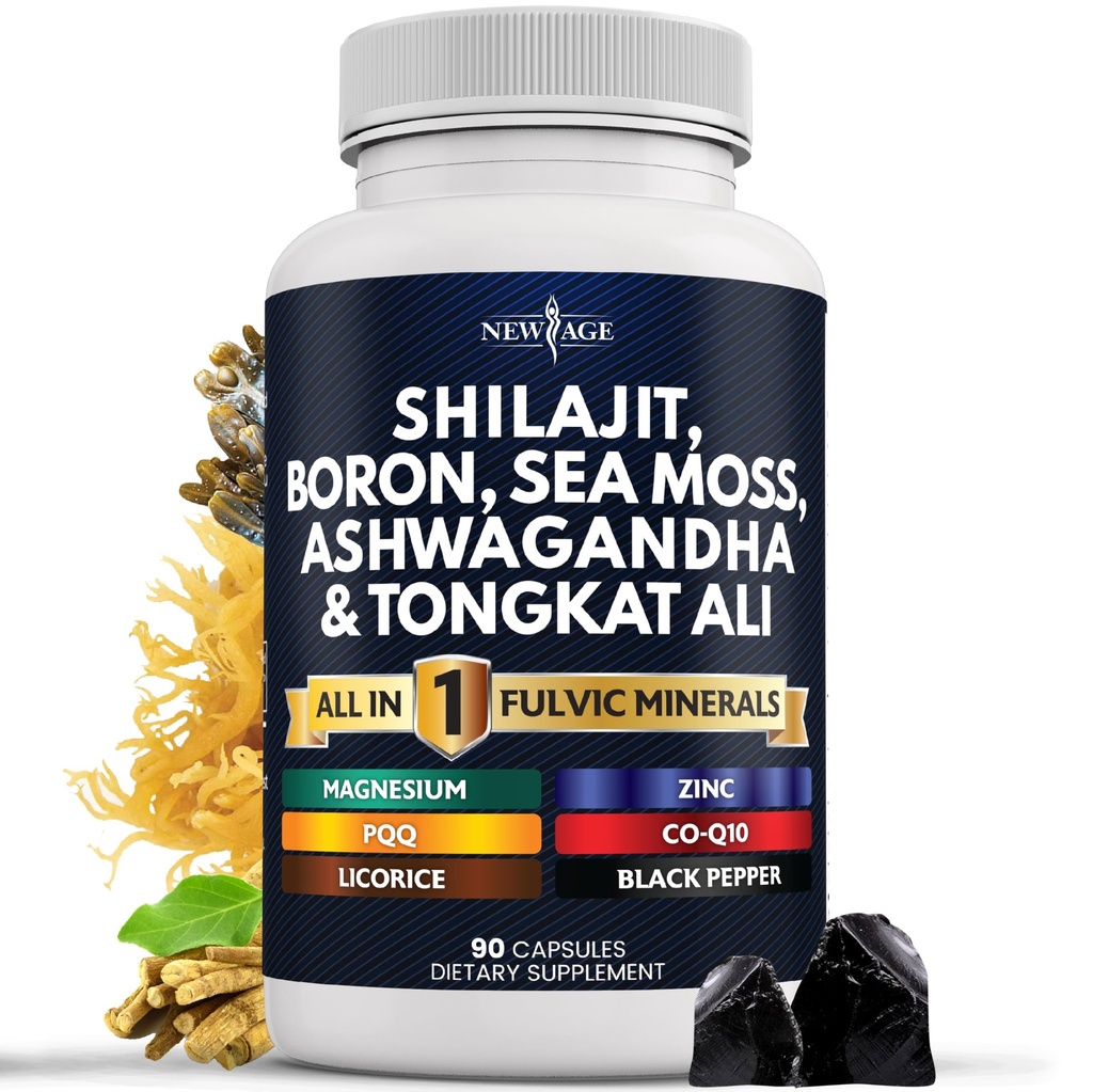 Nouveau supplément d'âge Shilajit avec la mousse de mer, Ashwagandha, Tongkat Ali, Boron, Magnésium - Capsules d'acide fulvic pour les hommes - 90 Nombre