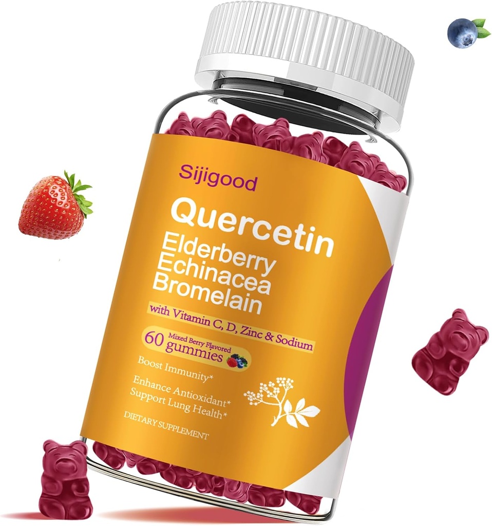 Quercetine Gummies with Bromelain, Vlierbes, Echinacea, Vitamine C D Zink - Immuun systeem ondersteuning 60 Telt Pure Quercetine Gummies for Kids & Adults