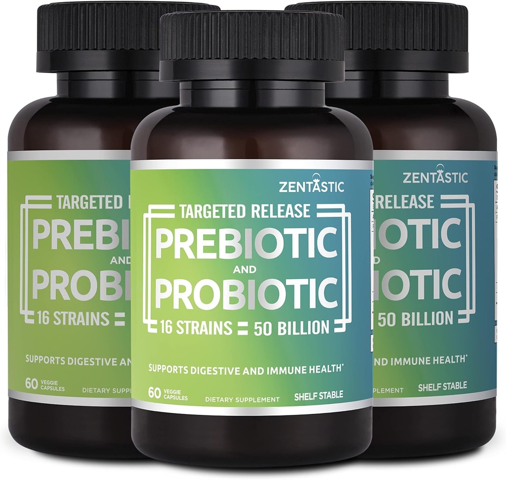 Zentastic Probiotica & Prebiotica Supplement - 50 miljard CFU - voor mannen en vrouwen Immune & Digestieve Gezondheid - 16 Strains - Plank Stable - 180 Delayed Release Veggie Capsules