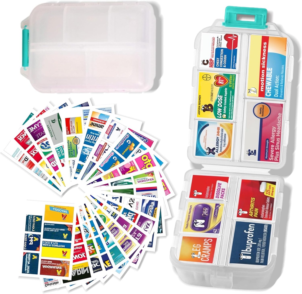 Grote Pillen Organisator met Medicine Labels - 7 Dagen Reizen Dagelijkse Container, Mini Medication Storage Case (White, 161 Labels)