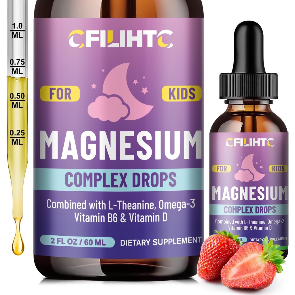 Kids Magnesium Liquid Drops-Magnesium Glycinate Liquid for Kids Supplement-w/L-theanine, Omega-3, Vitamine B6, D3 - voor Slaap, Ontspannen, Hersenen, Bones - 2 Fl Oz Kinderkalm, Aardbei smaak