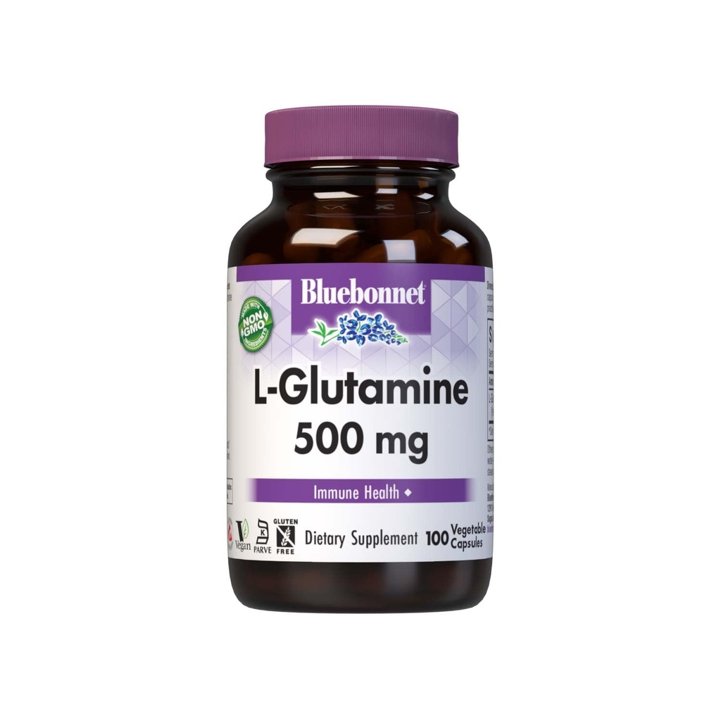 Bluebonnet Nutrition L-Glutamine 500mg, Ondersteunt Immune Functie*, Stikstoftransporter*, Soy-Free, Gluten-Free, Non-GMO, Kosher Gecertificeerd, Veganistisch, 100 plantaardige Capsules, 100 porties