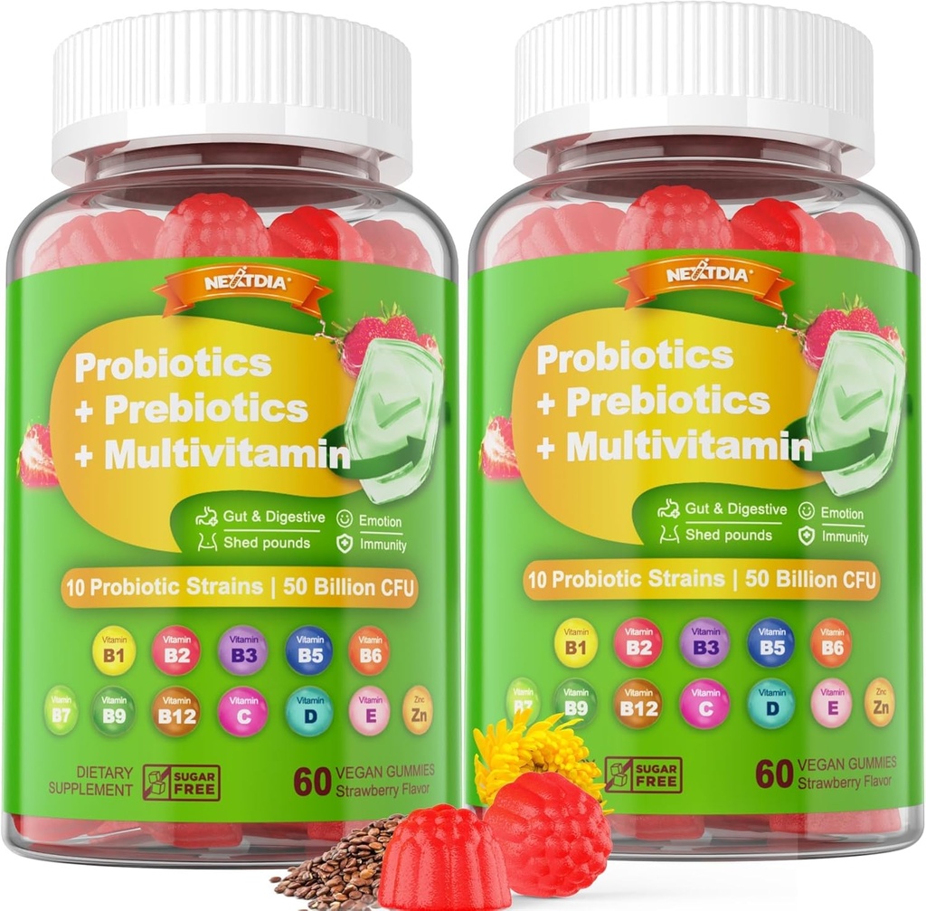 Vegan Probiotica Gummies for Women & Men - Fiber Prebiotics Supplements 50 Miljard CFUs Probiotica, Inulin, Psyllium Husk & Multivitamine for Gut, Digestie & Immune Health,2 Pack