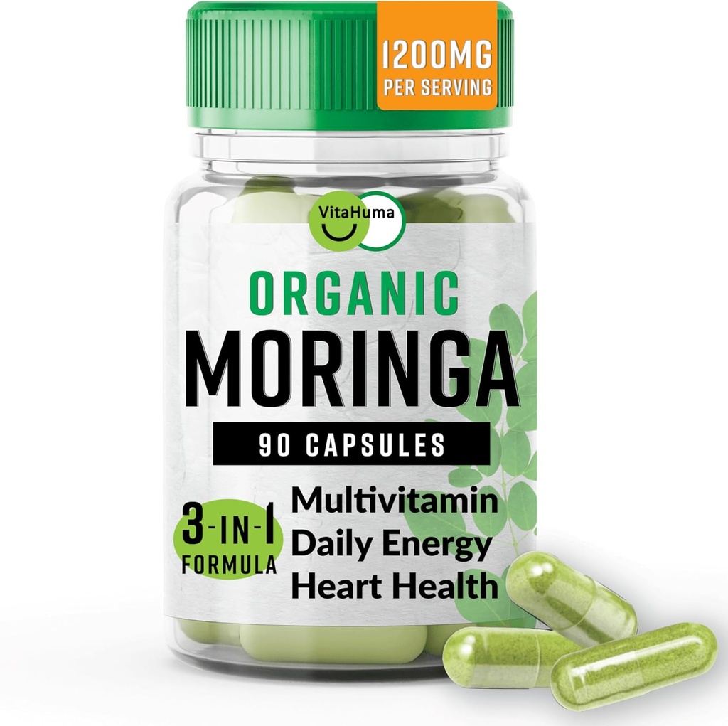 Biologische Moringa, Nutriënt-Dense Antioxidant Ondersteuning met Vitamine C, A, E, Calcium, Kalium, IJzer, Magnesium, Eiwit & Aminozuren voor Hydratatie & Energie, Vegan, 1200 MG Per Serving, 90 CT