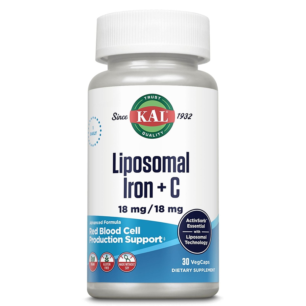 KAL Liposomale ijzersupplement met liposomale vitamine C, ijzersupplement voor vrouwen en mannen, hoge absorptie, zacht ijzer pillen, veganistisch, glutenvrij, 30 porties, 30 VegCaps