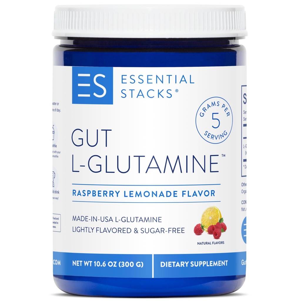Essentiële Stapels Gut L-Glutamine poeder - uitsluitend gemaakt in de VS - Pure L Glutamine poeder voor Gut Health (50 porties, Raspberry Lemonade)