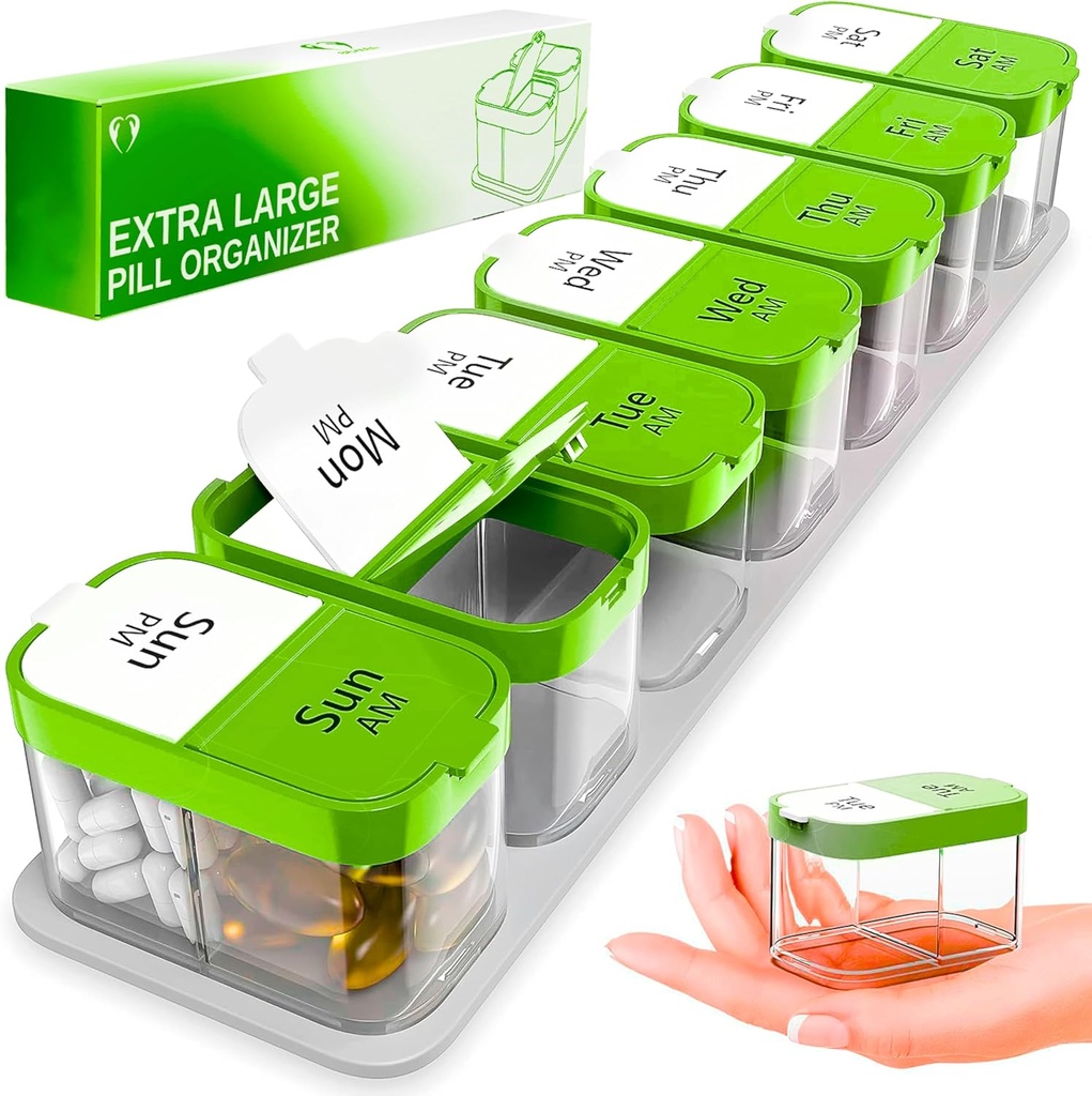 Extra grote Wekelijkse Pillen Organisator - XL Vitamine houder met 7 Afneembare AM PM Compartments - Portable Medicine Dispenser voor thuis en reizen, Big Supplement Container voor wekelijks of dagelijks gebruik, Groen