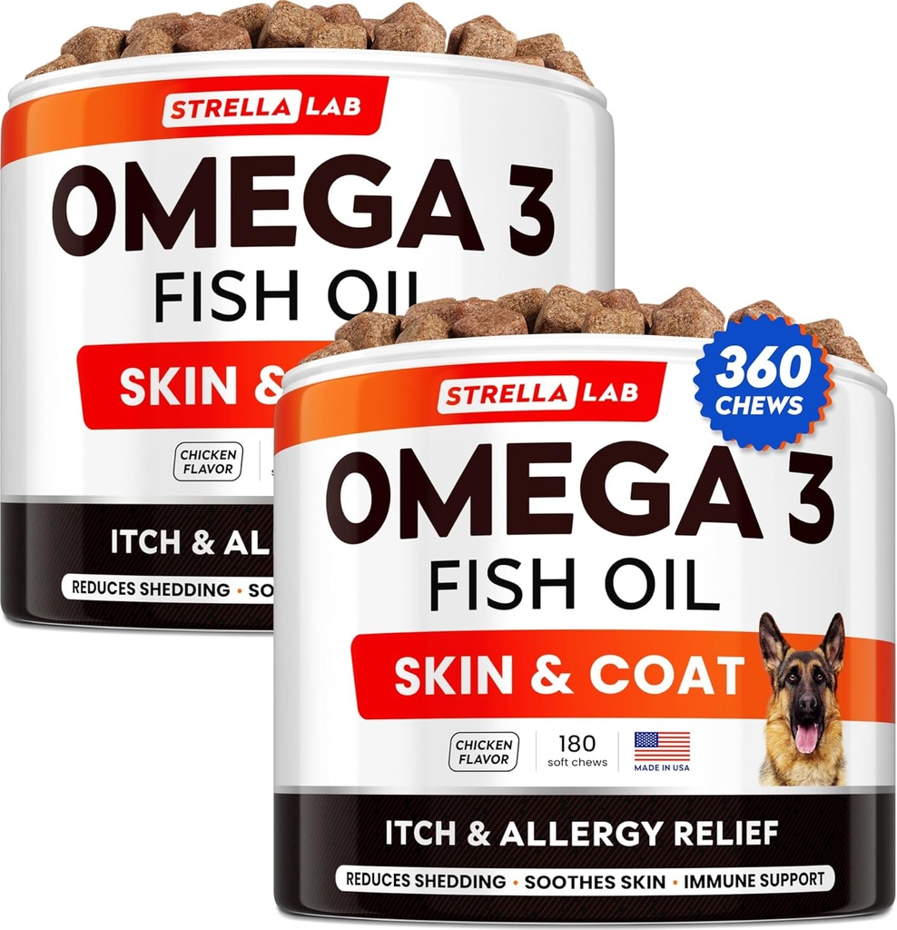 STROLLAB Omega 3 voor honden - (360Ct) Visolie Treats - Allergie & Itch Relief Skin & Coat Supplement - Droge jeukende huid, antivergieten en hot spots behandeling - Pet Salmon Oil Chews - Kip smaak
