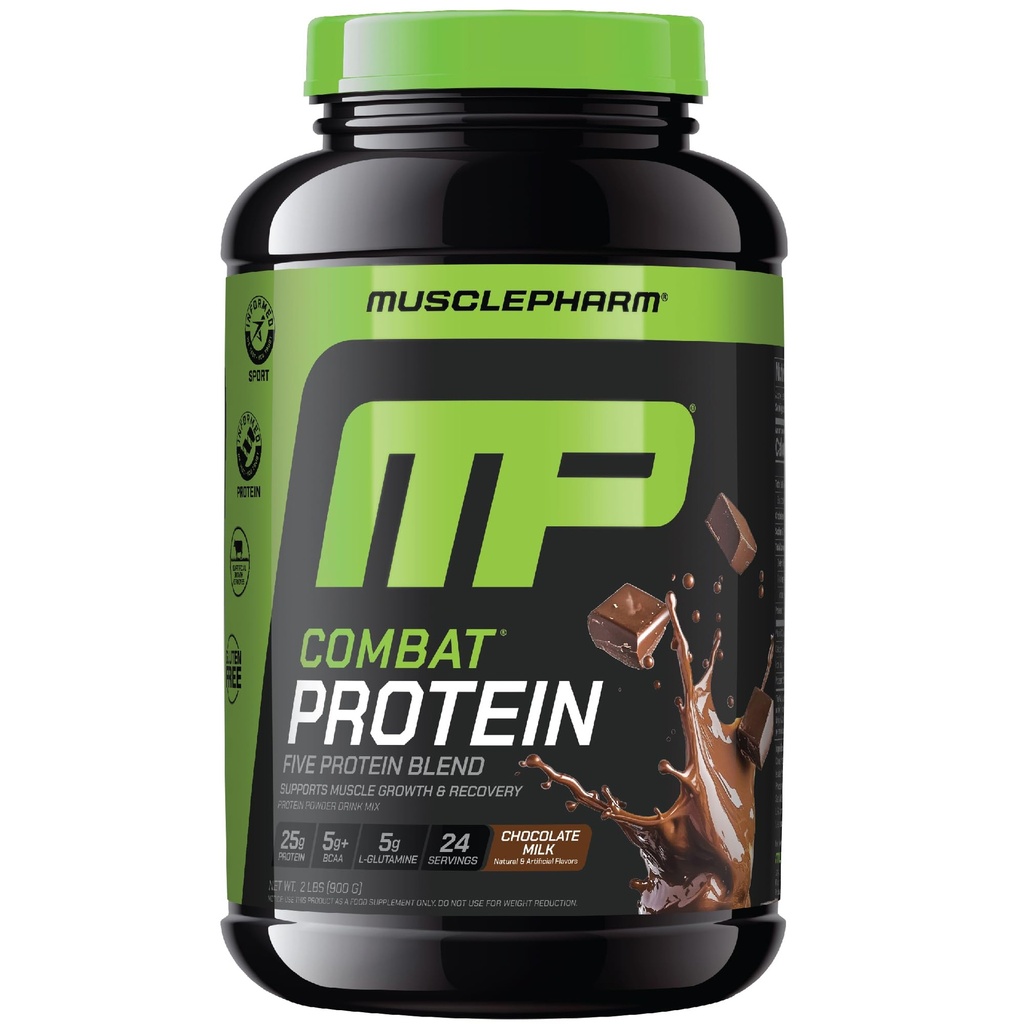 MusclePharm Combat Protéines Poudre, Chocolat Lait Flavor, Carburants Muscles pour des entraînements productifs, 5 Sources de protéines incluant Isolation de protéines de lactosérum et Albumine d'oeufs, Sans gluten, 2 lb, 24 portions