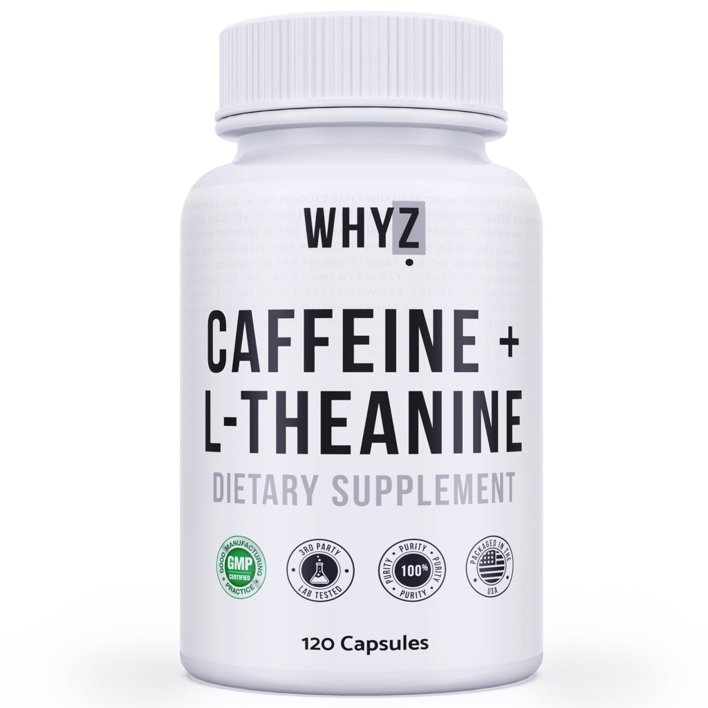 WHYZ Cafeïne Pillen met L-Theanine, 120 Capsules, Nootropic Stack Energy Pillen, Energie Vitaminen voor Duurzame Energie Focus & Cognitieve Functie, L Theanine Cafeïne Energie Supplementen voor Vrouwen & Mannen