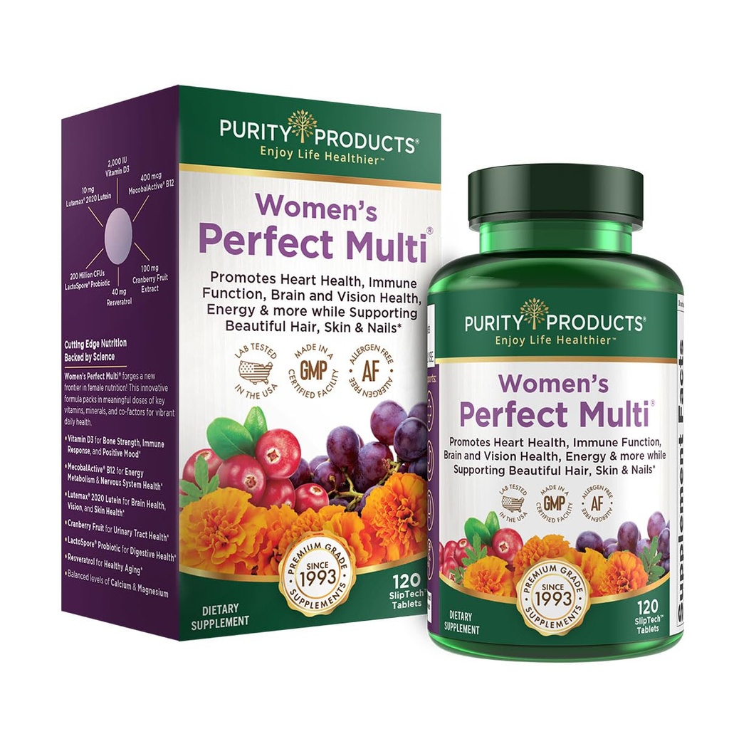 Produits de pureté Femmes Perfect Multivitamine équilibré Multi - Soutient la santé urinaire, immunitaire, os + muscles, cheveux, peau, ongles, un probiotique Elite pour la santé digestive + Plus - 120 comprimés