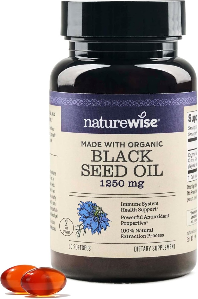 NatureWise Black Seed Oil Softgels 1250 mg - met 100% Organic Cold Pressed Nigella Sativa - Omega 3 6 9 - Antioxidant Immune Support, Hair & Skin - Non-GMO, Gluten-Free - 60 Softgels[1-Maande levering]