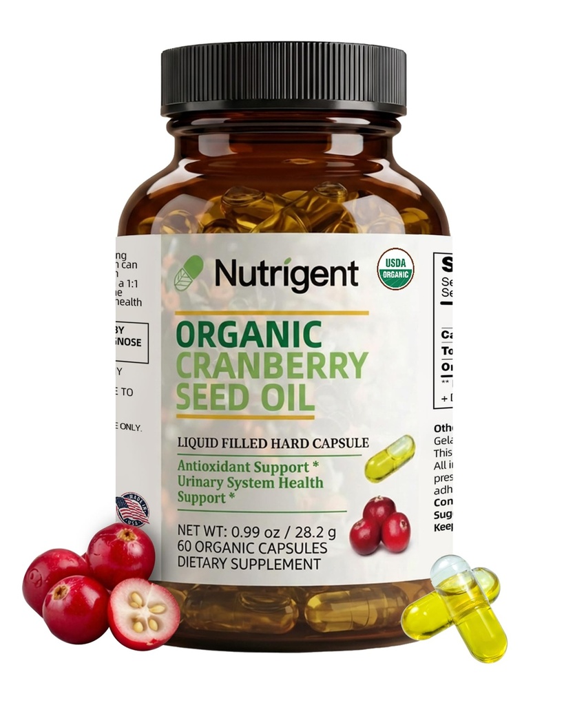USDA Biologische 100% Pure Cranberry Seed Oil 940 mg, Plant Broned Omega 3-6-9 Vetzuren, Liquid Organic Capsules, Urinary Health & Skin Health Support, 60 Capsules