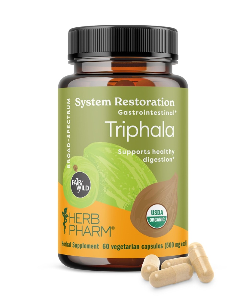 Herb Pharm Capsules de triphala biologique USDA (Nettoyant et désintoxication) Soutien et soins de santé digestifs avec Amla, Haritaki et Bibhitaki, FAIRWILD® Certifié 60 capsules végétaliennes, jusqu'à 30 jours*