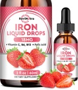 Liquid Iron Supplement voor vrouwen, mannen en kinderen, vloeibare ijzerdruppels met Folaat, Vitamine C, B6, B12 voor anemie, rode bloedcel, energiesteun, aardbeien smaak, 2 Fl Oz