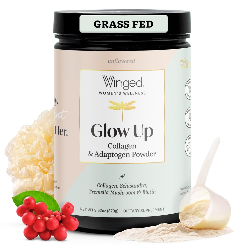 Winged Wellness Glow Up, Collageen Powder for Women - Hair, Skin & Nails Beauty Supplement with Grass-Fed Hydrolyzed Collagen Peptides Adaptogens, Vitamine C & Biotin - 25 Servers, Unflavored