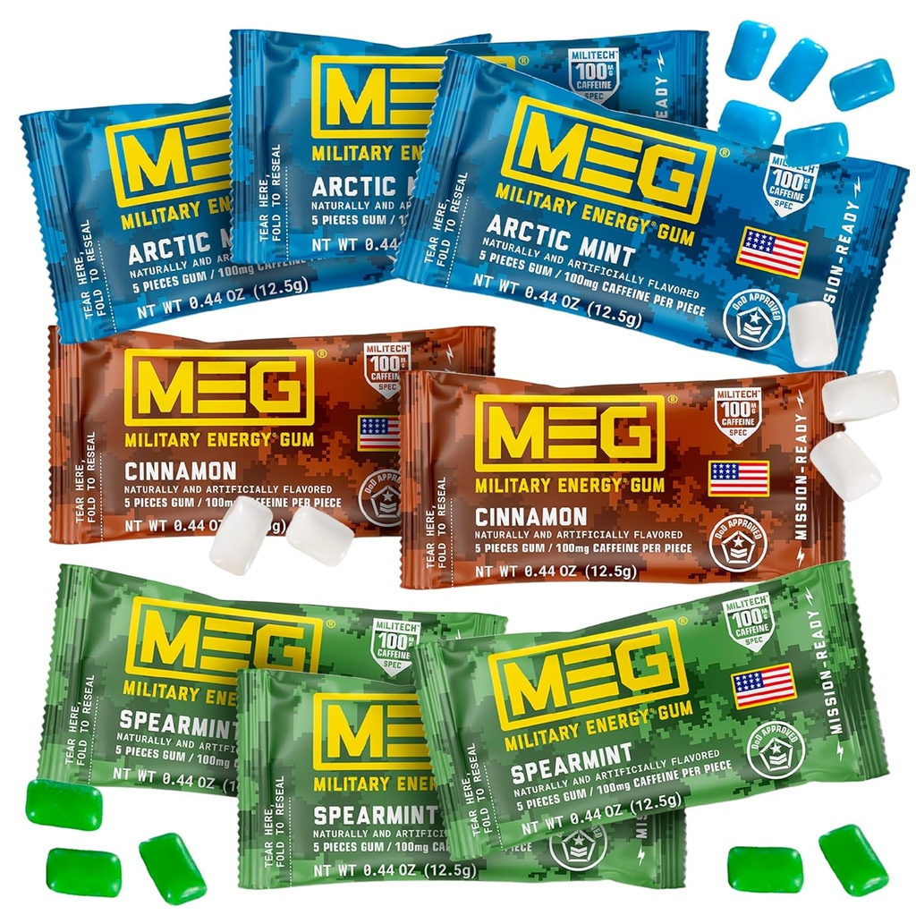 MEG - Militaire Energie Gum 100mg Cafeïne per stuk + Verhoog Energie + Boost Fysische Performance + Multi Smaken van Arctic Mint, Spearmint, & Cinnamon + 8 Packs (40 Tellen)