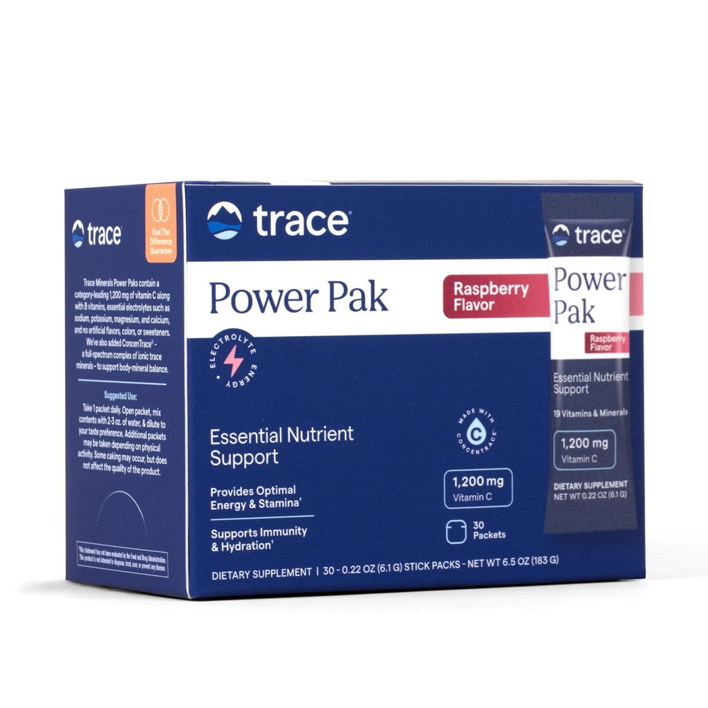 Trace Minerals Power Pak Multivitamin and Multimineral Packets - Soutien électrolytique - 1200 mg Vitamine C Plus 70 Arôme framboise - 30 Packets