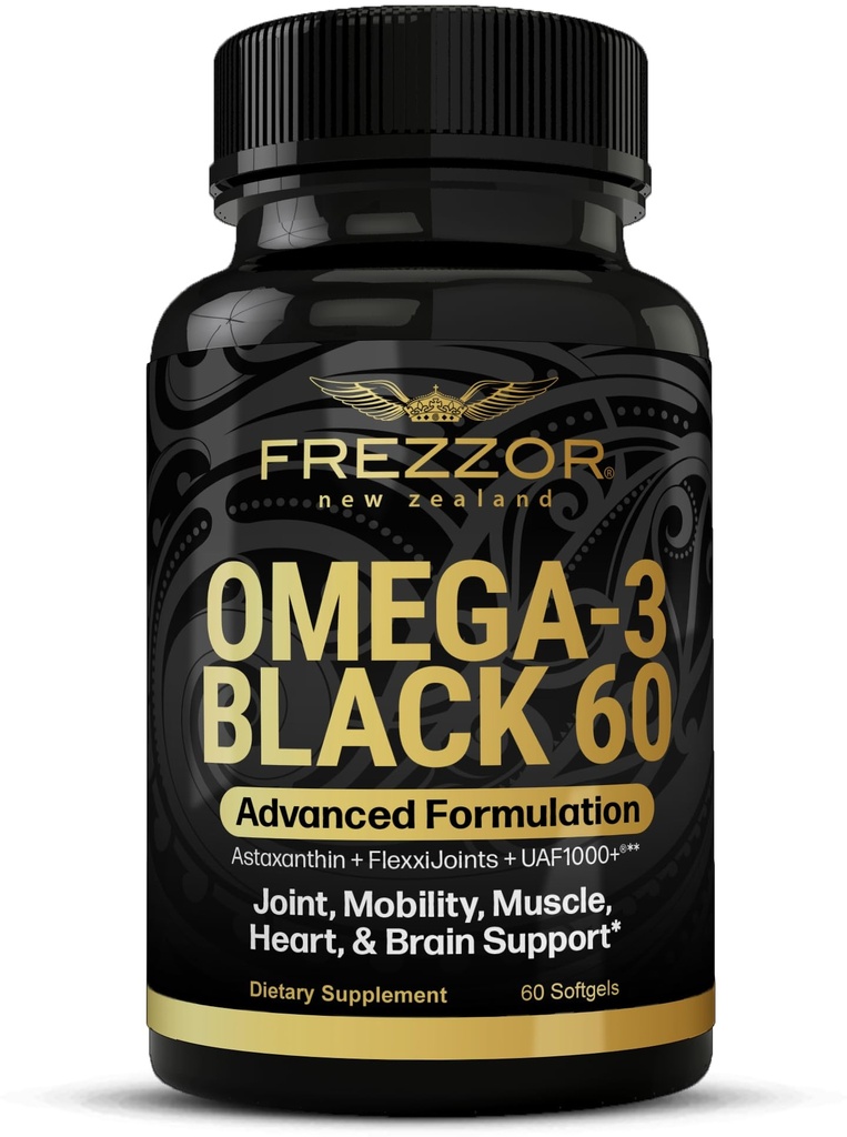 FREZZOR Omega 3 Black for Joint Care & Comfort - Nieuw-Zeeland Green Lipped Mossel Oil Capsules; 53x Hogere Potentie met UAF1000+ Super Antioxidant, Geen Fishy Aftersmaak, 1-pack, 60 Softgels