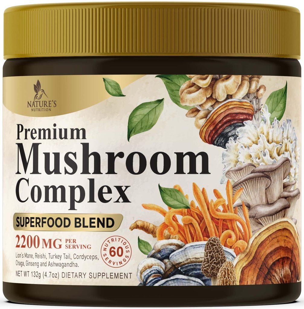 Suppléments de Poudre de Champignon 2200mg - 11 en 1 Poudre de Formule Complexe avec Manille de Lions Bio, Reishi, Cordyceps, Chaga, Turquie Tail Supplément d'extrait de Champignon pour la mémoire et le soutien du cerveau - 60 portions