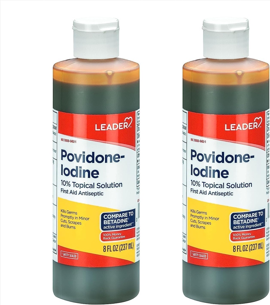 Leader Povidone Jodium 10% Prep Solution USP, Eerste Hulp Antiseptische Wondreiniger, Wondwas, Antiseptische Zeep (8 Fl Oz, Pack van 2)
