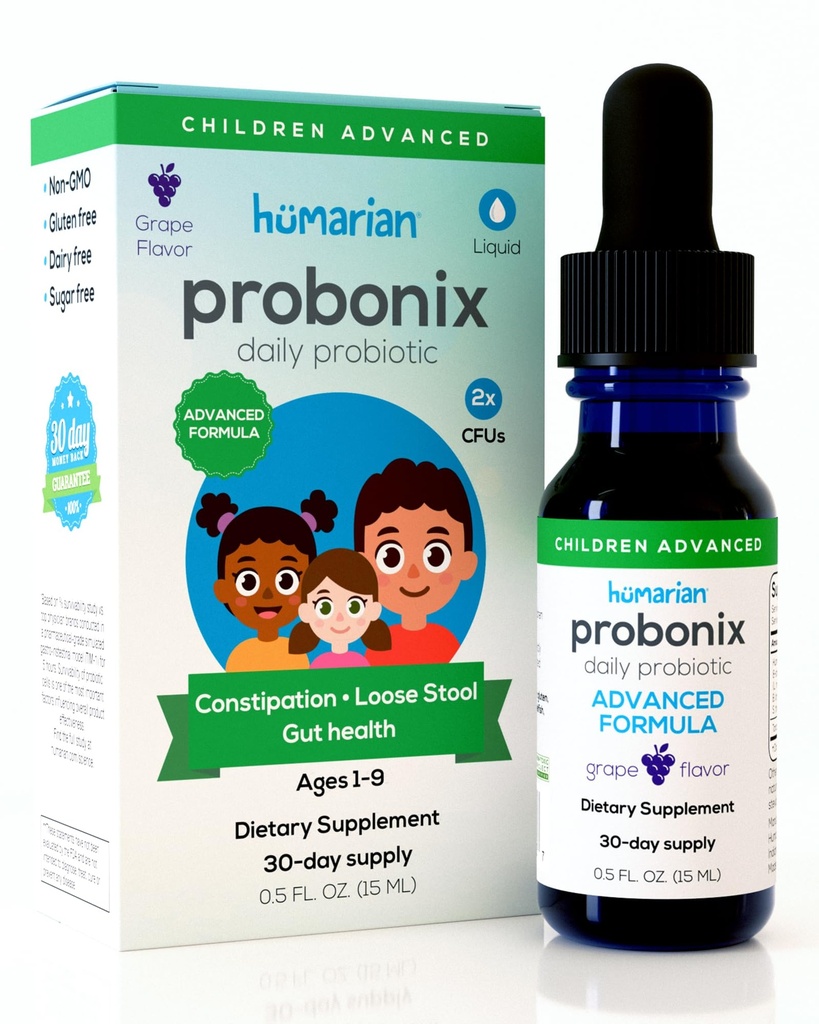 Humarian Probonix Advanced Liquid Probiotics for Kids 30 lbs and Up - 8-strain Kids Probiotic Drops fortify Gut Health, Immunity and More - 30-Day Supply - Smakelijke druivensmaak