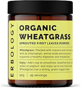 Erbologie Biologische Tarwegraspoeder 3.2 oz - 45 porties - Lichaamsreiniging en Gut Health Support - Rijk aan chlorofyl en ijzer - Duurzaam in Europa - Kleine Batch - Veganistisch - GGO-vrij