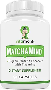 VitaMonk Matcha Capsules met Theanine & Theobromine - Matcha Pillen uit Japan met 25mg Natural Cafeine - voor gladde energie en focus zonder Jitters - 60 ct