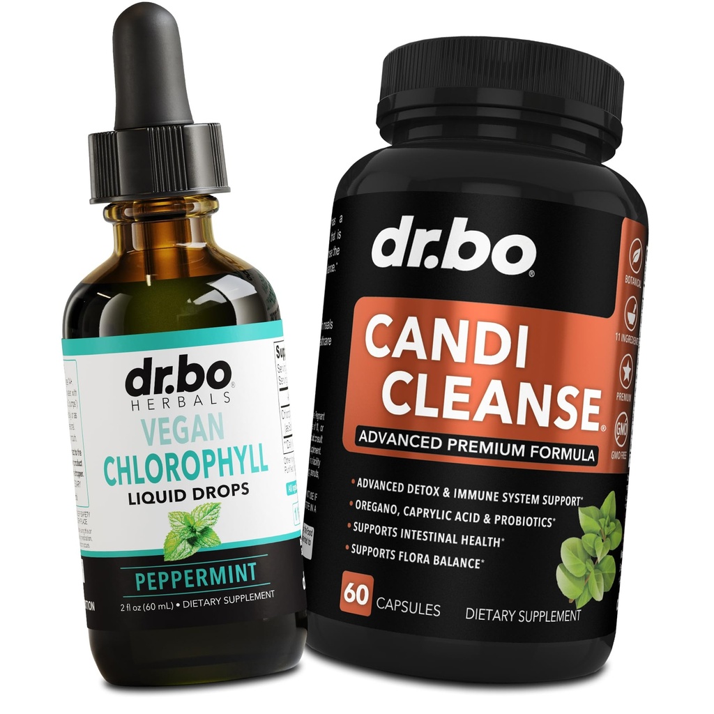 Chlorophylle Liquid Drops Body Detox & Candi Cleanse - Vegan Liquid Chlorophyll Drops Odor Cleanse Supplément Déodorant interne - Probiotique extra-fort Origan oral et capsules d'acide caprylique
