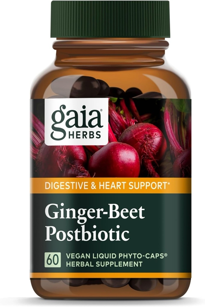 Gaia Kruiden Ginger-Beet Postbiotic - Supplement for Gut & Heart Health Support - Made with Organic Fermented Beets & Gember - Free from Dairy, Soy & Gluten - 60 Vegan Capsules (30 Servings)