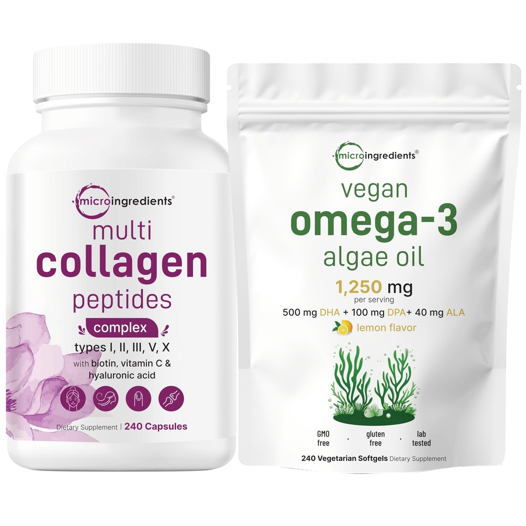 Micro Ingrediënten Multi Collageen Complex & Vegan Omega 3 Algen Oil Supplement Bundle 2 Pack 